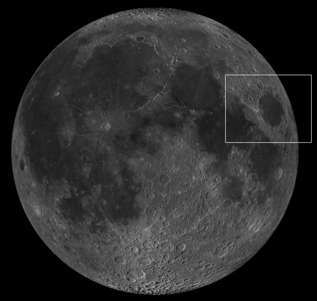 LROC image of the full lunar disk with Mare Crisium highlighted.