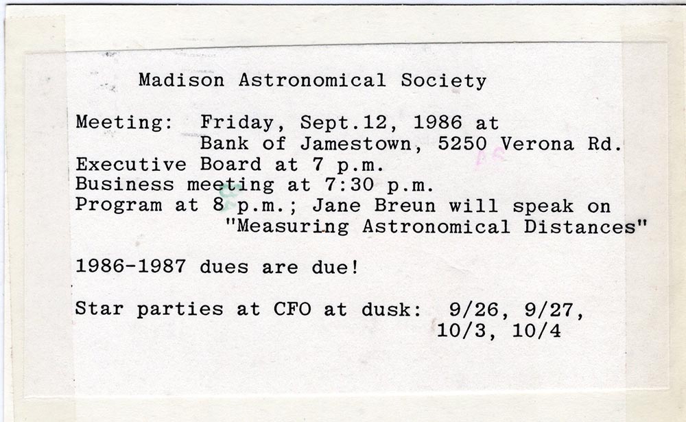 MAS meeting announcement with Jamestown Bank as location