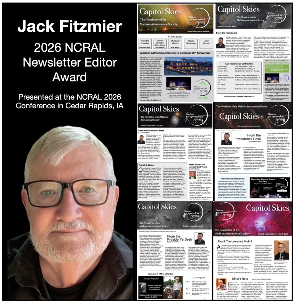 Collage of newsletter covers and portrait of Jack, recognizing him for receiving an award for best newsletter in the Astronomical League's North Central Region.